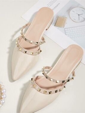 Pointed-Toe Studded Slip-On Mules in Nude